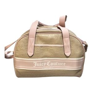Juicy couture tan logo embossed pink trim oversized dome weekender crossbody bag